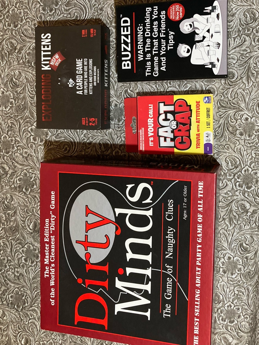 Set of 4 Party/Drinking Games: Dirty Minds Exploding Kittens Fact or Crap Buzzed